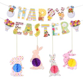 Easter Decorations, 19PCs Easter Banner Decorations, Happy Easter Banner, Easter Bunting for Home Decoration, 3D Easter Honeycomb Bunny Decorations for School Party(Happy Easter Banner+Bunny Ball)