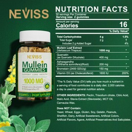 NEVISS Mullein Leaf Extract for Lungs, Sugar Free Tasty Mullein Gummies 1000mg, Lung Cleanse Supplement for Respiratory System w/ Quercetin & Bromelain, D3 for Digestive Support, Immune Booster, Vegan 2 Pack