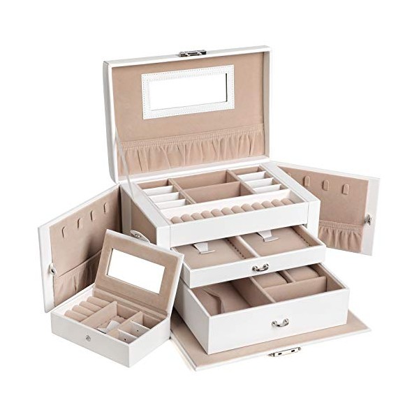 SONGMICS Jewelry Box, Jewelry Organizer Case with 2 Drawers, Lockable with Mirror, Portable Travel Case, for Rings, Bracelets, Earrings, Necklaces, Velvet Lining, mothers day gifts, White UJBC121W