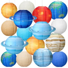 Bencailor 16 Pcs Planet Paper Lanterns Space Party Decorations Globe Hanging Lanterns Around The World Travel Themed Paper Lanterns for Christmas Classroom Decorations(Planet,11.8 in,9.8 in)