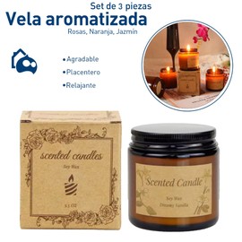Bluelander Set de 3 Velas Aromaticas Decorativas, Velas de 3.5 Oz, Velas Aromaticas 100% Cera Pura de Soya, Velas Aromaticas Relajantes (3 Piezas (Rosas, Naranja, Jazmín))