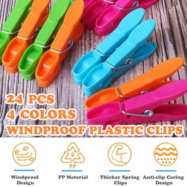 Laundry Pegs Clothes Clips, 24 Pack Clothes Pegs Plastic Clothes Pegs with Durable Spring, 4 Colors Washing Line Pegs Plastic Non Slip Laundry Pegs, Durable Laundry Clips, Rust Resistant
