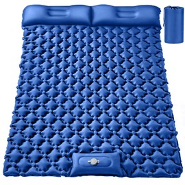 Double Sleeping Pad, Ultralight 4" Extra-Thick Self Inflating Sleeping Mat for 2 Person with Pillow Built-in Foot Pump Portable Camping Mat for Backpacking, Hiking, Traveling, Tent, Camping(Blue)