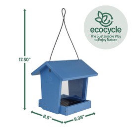 EcoCycle Bird Banquet Recycled Plastic Hopper Bird Feeder with Fresh Seed Tray for Wild Birds and Outdoor Décor, 2.15 Quart Capacity, Blue