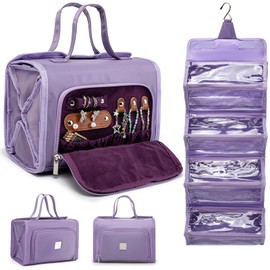 ROYALFAIR Roll Up Makeup Bag, Waterproof Toiletry Bag for Women, Hanging Travel Organizer bags with Jewelry Organizer Compartment, Extra Large 4 Clear TSA Approved Pouches Cosmetic Makeup (violet)