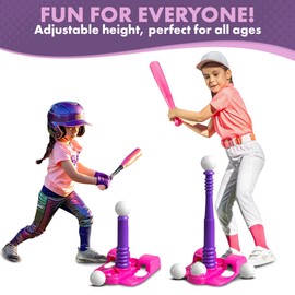 T Ball Stand for Kids and Toddlers 3-5, 5-8. Baseball Set Includes 6 Large Balls, an Adjustable Tball Batting Tee, and a Pitching Machine. Kids Bat and Ball, T-Ball Sets for Kids (Pink T Ball)