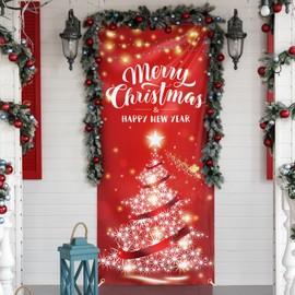 Christmas Door Cover Merry Christmas Red Christmas Tree Door Banner Xmas Door Decoration for Home Office Happy New Year Door Cover