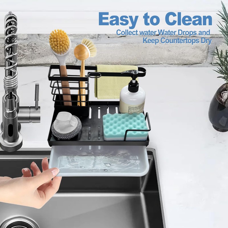 SIVOEAN Sink Organiser Stainless Steel with Drain Pan, Sponge/Dish Cloth
