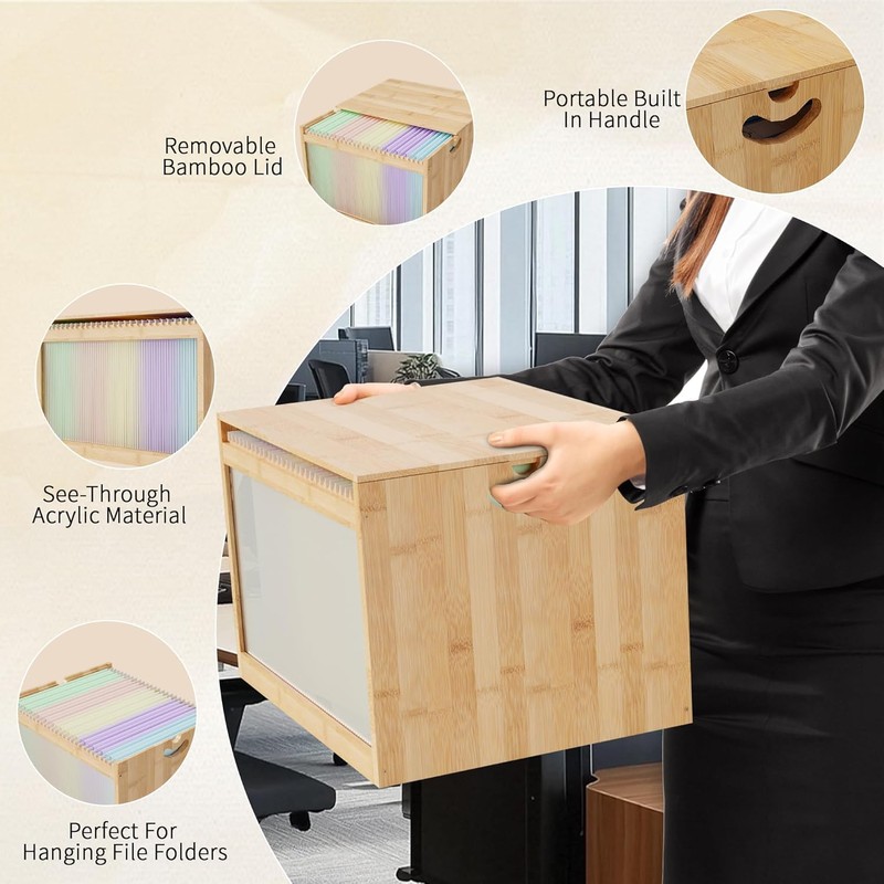 LONTAI Bamboo Hanging File Boxes with Lids 2 Pack, File