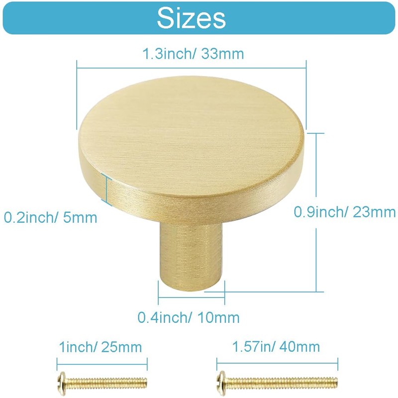 YEWLACA Brushed Brass Cabinet Knobs 1-5/16-Inch Diameter Dresser Drawer Pulls,