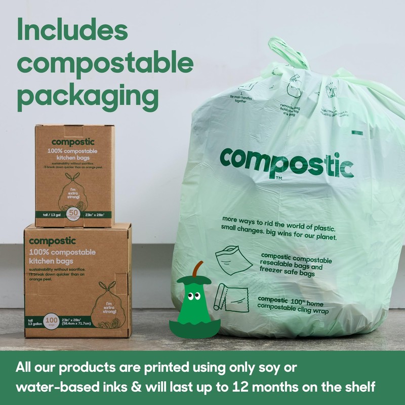 Compostic Home Compostable Trash Bags, 13 Gallon Tall Kitchen Rubbish