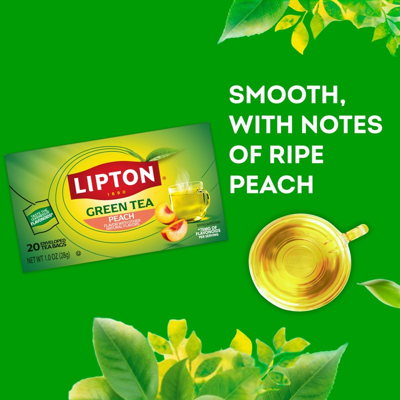 Lipton Peach Green Tea Bags, Flavored, Unsweetened Teabags for Hot