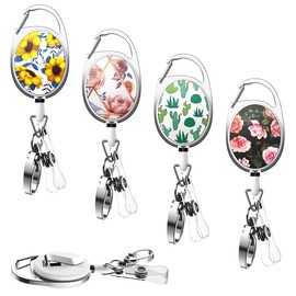 YoungRich Retractable Key Ring with Belt Clip, 27 Inches, Retractable Nylon Rope, Sunflower, Rose, Cactus Design, Heavy Duty ID Keys, ID Holder, Card Sleeves, 6.8 x 3.4 cm, Pack of 4