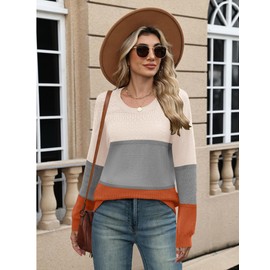 Zeagoo Sweaters for Women Long Sleeve Tops Soft Knit Crew Neck Pullover Sweater Colorblock Crochet 2025 Fall Outfits M
