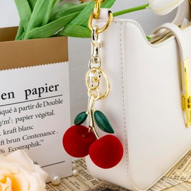 ICHRATI Cherry Bag Charm Purse Charms for Handbags Cute Keychain Womens Car Cherry Accessories Key Chains with Green Leaf Birthday Christmas Valentine Mothers Day Gifts for Women