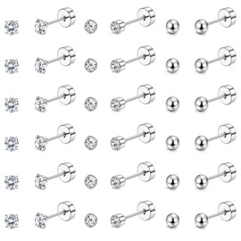 JeweBella 18 Pairs of Stud Earrings Silver for Men and Women Stainless Steel Small Cubic Zirconia Earrings Flat Hypoallergenic Stud Earrings Set 2 mm/3 mm/4 mm, Stainless Steel