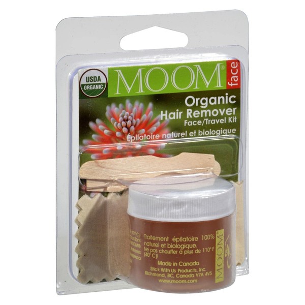 Moom Organic Travel Wax Kit (1.6 oz.) All-Natural Sugar Waxing Glaze with Aloe, Tea Tree Oil & Chamomile for Face with 6 Facial Fabric Strips & 2 Small Wooden Applicator Sticks