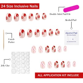 Press on Nails Short Oval OFDNE Pink Fake Nails Cute False Nails with Designs Strawberrie Full Cover Glossy Glue on Nails Acrylic Nails for Women Girls 24 Pcs