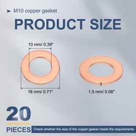 sourcing map 20Pcs M10 Flat Copper Washers, 10x18x1.5mm Copper Upgraded Flat Gasket Metric Sealing Crush Ring Washers for Hydraulic Fittings Screw Bolt Nut Electronic Repair