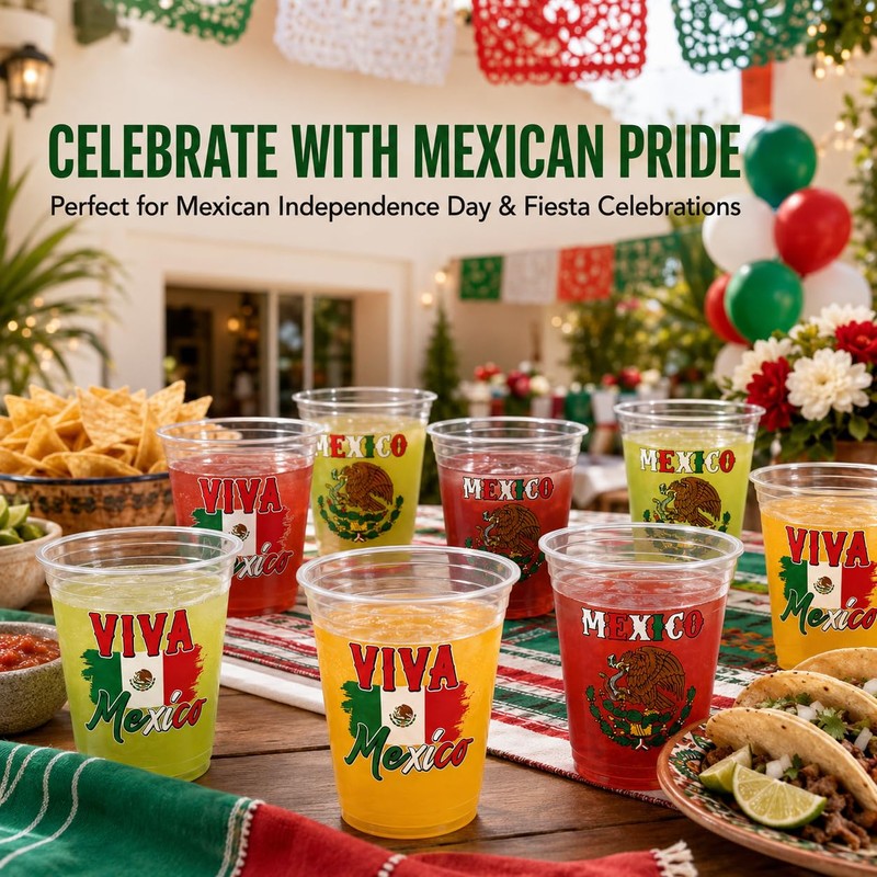 Mexican Independence Day Plastic Cups 50 Pack Disposable Viva Mexico