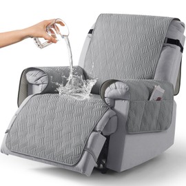 KinCam Recliner Chair Cover, Waterproof Sofa Slipcover with Elastic Straps & Side Pocket, Anti Slip Couch Cover Sofa Protector for Dogs & Pets, Washable Armchair Cover (1 Seater, Light Grey)