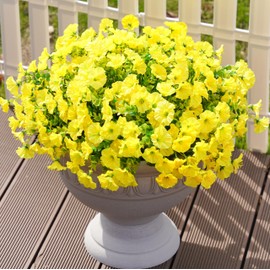Artificial Fake Outdoor Outside Plants Flowers for Spring Summer, 12 Bundles Faux Silk Yellow Morning Glory Flowers Eucalyptus UV Resistant Realistic for Planter Porch Garden Patio Balcony Decoration