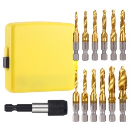 Gueenky 13 Piece Tap Set, SAE/Metric M3-M10 Tap with Drill Bit Set HSS Combination Tap Tap with Tap Adapter for Wood Metal Plastic Aluminium