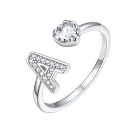 Silvora 925 Silver Heart-shaped 4MM White CZ Initial Ring Letter B Adjustable Open Ring Dainty Letter Ring