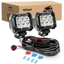 Nilight Led Pods 2PCS 4 Inch 18W Spot LED Light Bar Off Road Lights Driving Fog Lights with 16AWG Wiring Harness Kit-2 Leads for Van Camper Car Pickup Golf Cart ATV UTV SUV Truck Boat 4x4