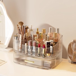 MIUOPUR Makeup Organizer with Rotating Makeup Brush Holder, Stackable Drawers for Bathroom Organizers and Storage, Make up Organizers for Vanity, Great for Cosmetics, skincare, Lipsticks -Clear