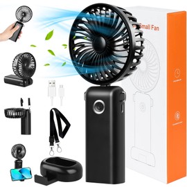 Handventilator Akku Mini Ventilator USB 5 in 1, Hand Ventilatoren Tragbarer Ventilator Klein Leise 3 Geschwindigkeit, Taschenventilator Faltbarer Ventilator Lüfter für Büro Camping Unterwegs, Schwarz