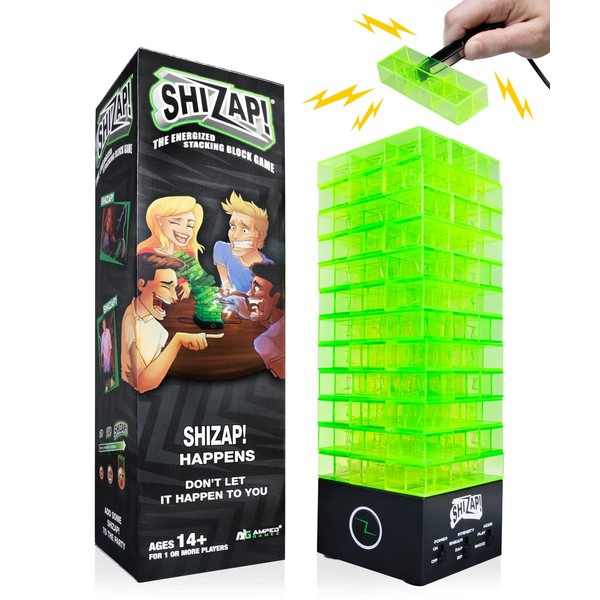 ShiZap! The Energized Stacking Block Game - Electric Shocking Light Up LED Tumble Tower - Novelty Family Fun Reaction Party Games for Teens and Adults