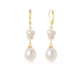 Voaino 18K Gold Plated 925 Sterling Silver Leverback Pearl Dangle Earrings for Women Lightweight Hypoallergenic Irregular Pearl Earrings for Wedding Elegant Jewelry Gift for Her (Gold)