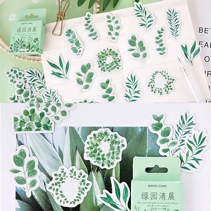 Doraking 45PCS Boxed DIY Decoration Green Leaves Adhesive Paper Stickers