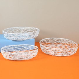 CLEENTABLE Set of 3 Stackable Fruit Baskets – Metal Mesh Storage Bowls for Kitchen Countertop, Hot/Cold Food, Decorative Organizer, Pearly White, 12"+10"+8" Diameter, Modern Iron Bowls