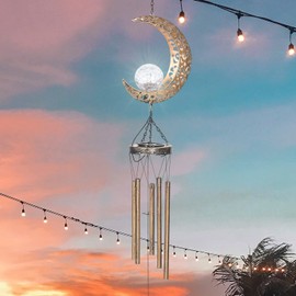 Adeco 43.31 inch Solar Wind Chimes, Metal Moon Wind Chime Decor Outdoor Hanging Chime Waterproof LED Wind Bells for Outside Home Garden