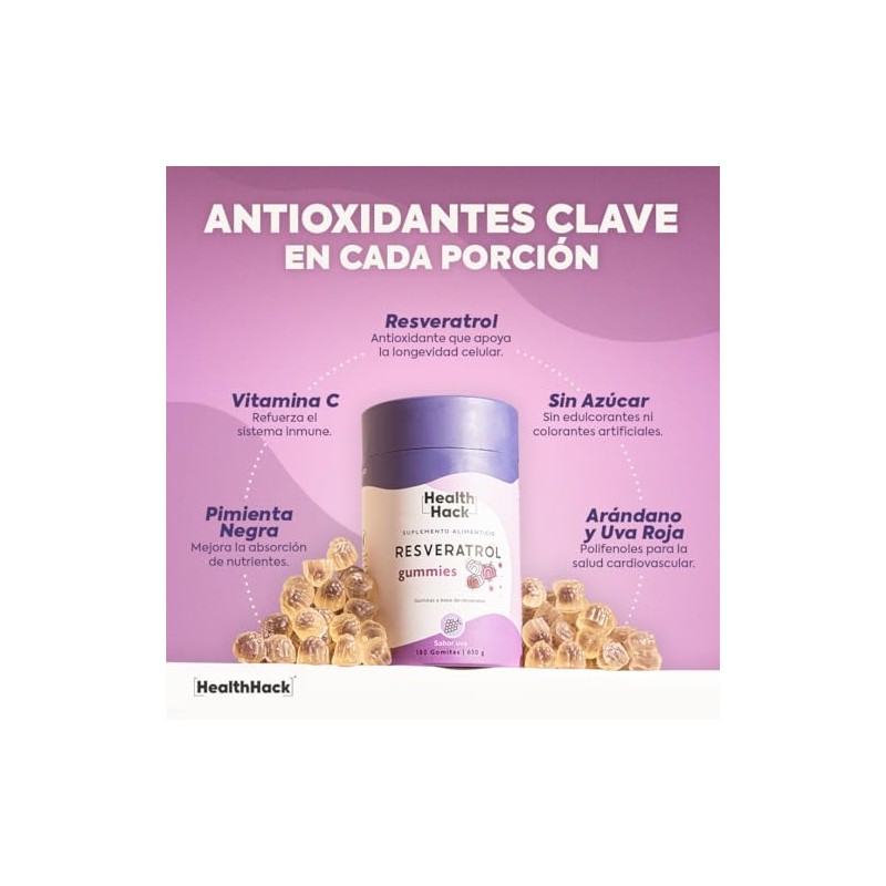 Resveratrol Antioxidante 180 Gomitas para Adulto Sin Azúcar Health Hack