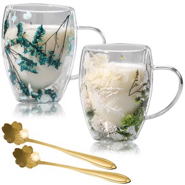 Pack of 2 Latte Macchiato Glasses with Dried Flowers, 350 ml Dried Flowers, Double-Walled Glass Coffee Cups, Double-Walled Glasses with Spoon, Insulated Coffee Cups with Handle for Cappuccino, Tea