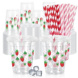 FYSUIMU 50Pcs 12Oz Strawberry Floral Plastic Cups with Lids & Straws Pink Red Strawberry Flower Clear Disposable Cups for Spring Summer Party Supplies