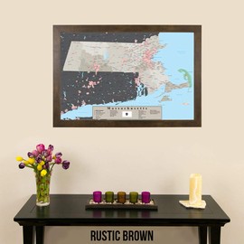 Push Pin Travel Maps - Massachusetts Earth Toned - Rustic Brown Framed Pin Map for Tracking Your Travels - 27.5" x 39.5" - 8 Handcrafted Frame Options - Made in USA - Ideal for Any Traveler