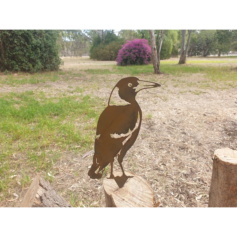Magpie Standing Garden Stake - Australian Made Rusted Metal Garden