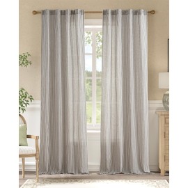 jinchan Linen Curtains Farmhouse Ticking Stripe Window Curtains 96 Inch Length Pinstripe for Living Room Bedroom Light Filtering Rustic Modern Drapes Back Tab 2 Panels Black on Flax