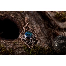 Vintage Abalone-Muschel Arkona 4 cm Anhänger Filigrane Herz-Ornamente Bronze