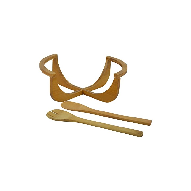 Threestar Whiteware Ceramic Salad Bowl on Bamboo Stand