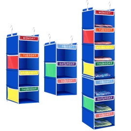 Amylove 7 Shelf Weekly Kids Clothes Organizer 3 Shelf and 4 Separable Hanging Closet Organizer 11. 8 x 11. 8 x 50 Inches Daily Activity Kid Clothes Storage Cube Drawer Closet for Bedroom (Blue)