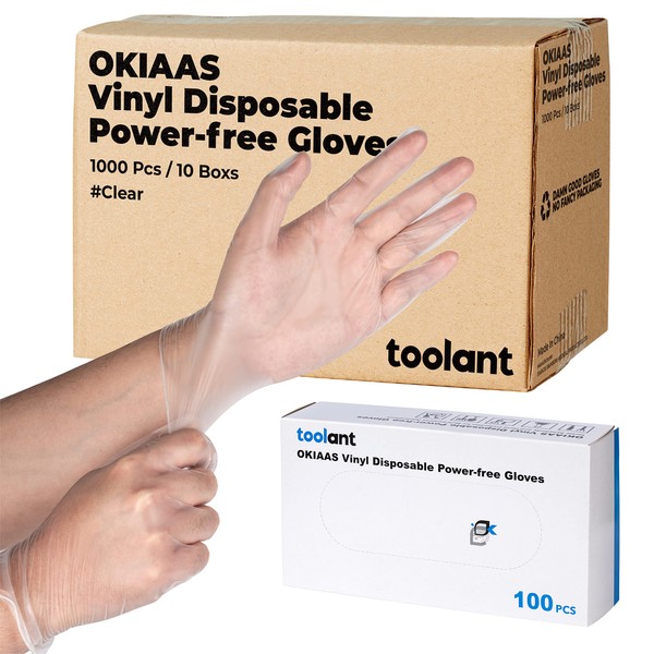 OKIAAS Disposable Gloves M, Bulk of 1000 Pcs|Latex and Powder-Free Clear Vinyl Gloves for Household, Food Handling, Lab Work and more, 10 Dispenser Boxes