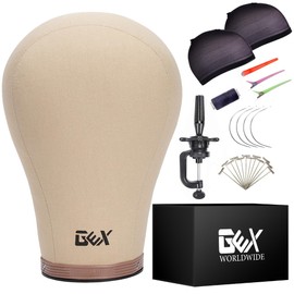 GEX 23.5" Canvas Cork Wig Block Mannequin Head for Wig Making Drying Styling Display with Table C Clamp Stand Holder (Light Brown 23.5")