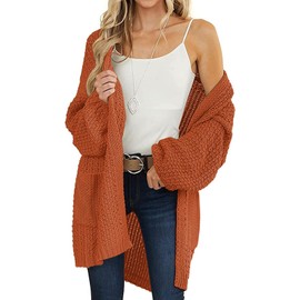 MEROKEETY Women's 2025 Fall Open Front Chunky Knit Sweater Oversized Lantern Sleeve Cardigan Outwear, Orange, Medium