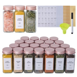 Fiwence 24 Pcs Glass Spice Jars with Labels and Pink Metal Caps, 4oz Empty Spice Containers with Shaker Lids, Funnel, Chalk Pen,Seasoning Storage Bottles for Spice Rack, Cabinet, Drawer