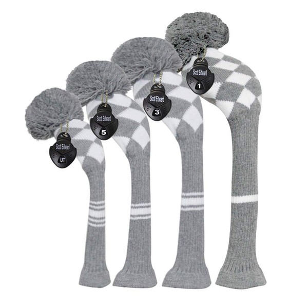 Scott Edward Golf Club Head Covers Set of 4 Grey White Argyles, Acrylic Yarn Double-Layers Knitted, with Rotatable Number Tags